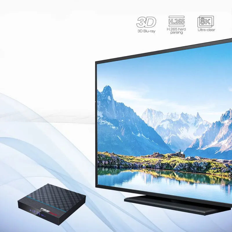 Black T95 Max Plus Android TV Box with remote control, showing choice of US, EU and UK power plugs.