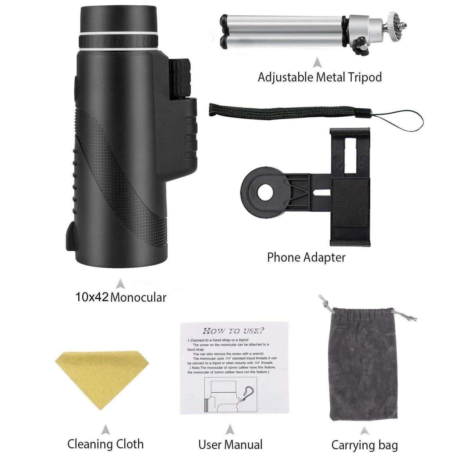 Black 40x60 cellphone telescope monocular with waterproof design and FMC coated optics
