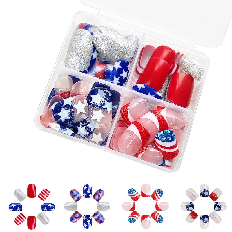 Independence Day wear nail set with five-pointed star designs in patriotic red, white, and blue colours