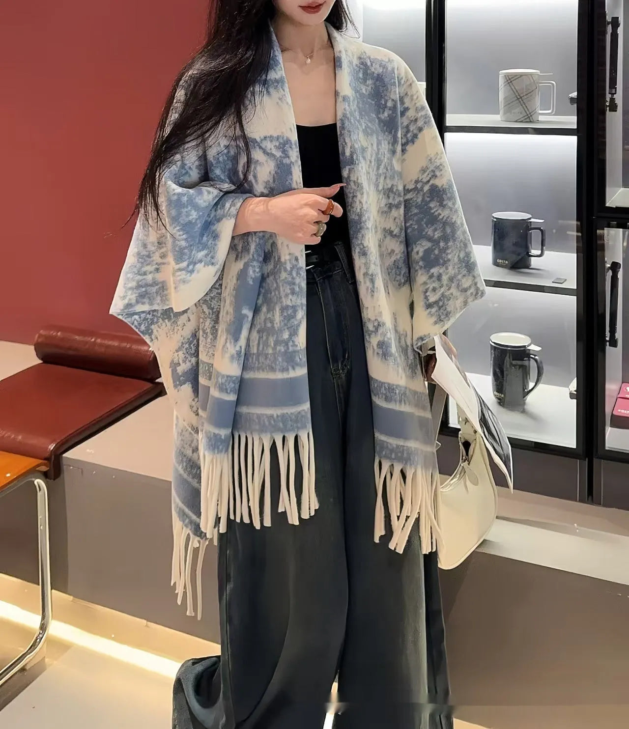 Women's polyester scarf cape with tassel trim in casual shawl style
