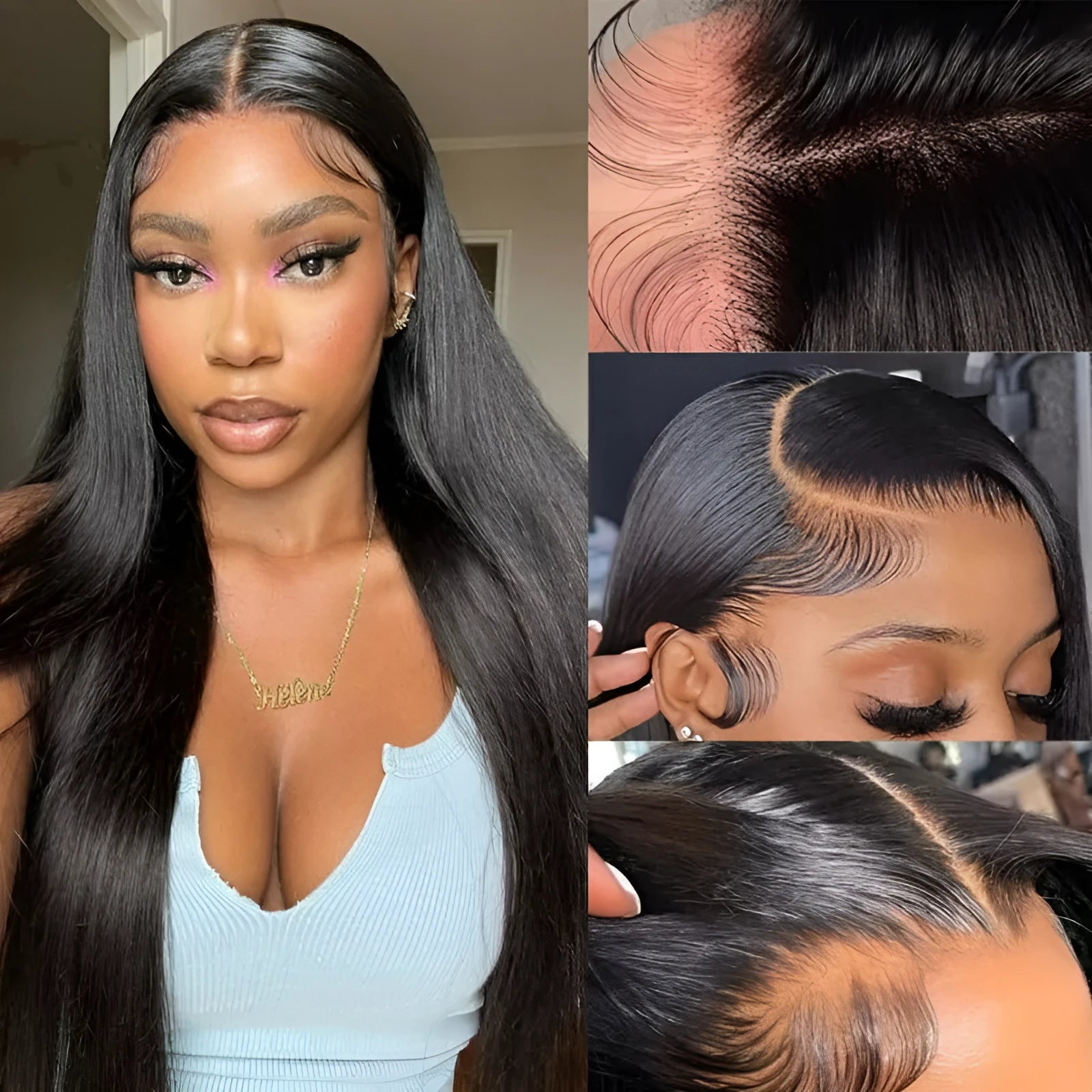 13x6 straight lace front human hair wig in black with natural styling