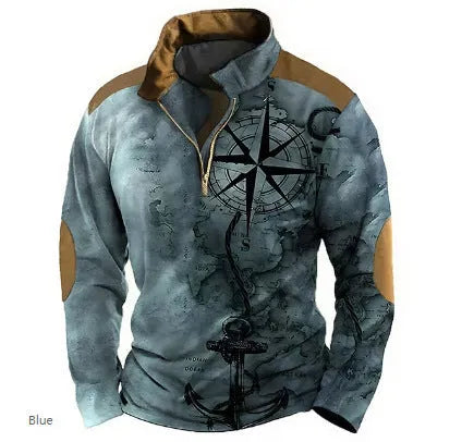 Men's retro colour print golf t-shirt with striped pattern and zipper details on long sleeve loose fit top