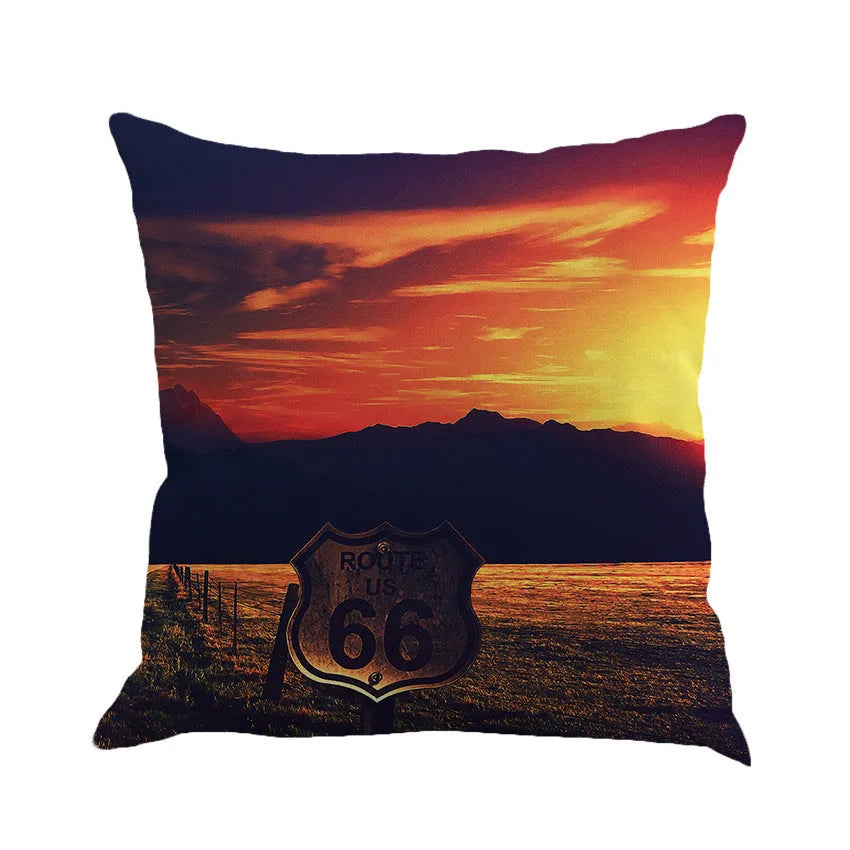 Linen blend cushion cover with Route 66 landscape design, shown in one of six available colours.