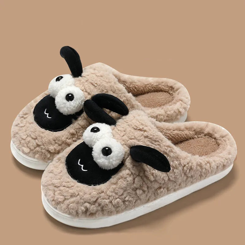 Brown thermal cotton slip-on slippers with a suede upper and a light-coloured PVC sole.