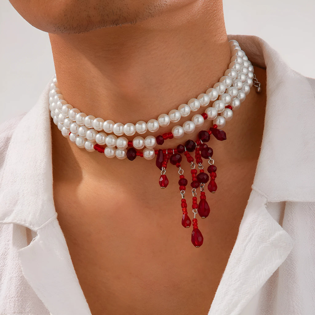 Halloween blood drop tassel necklace with artificial crystal pendant on adjustable chain