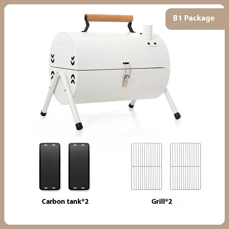 White portable folding grill with detachable carbon tank for outdoor frying and baking