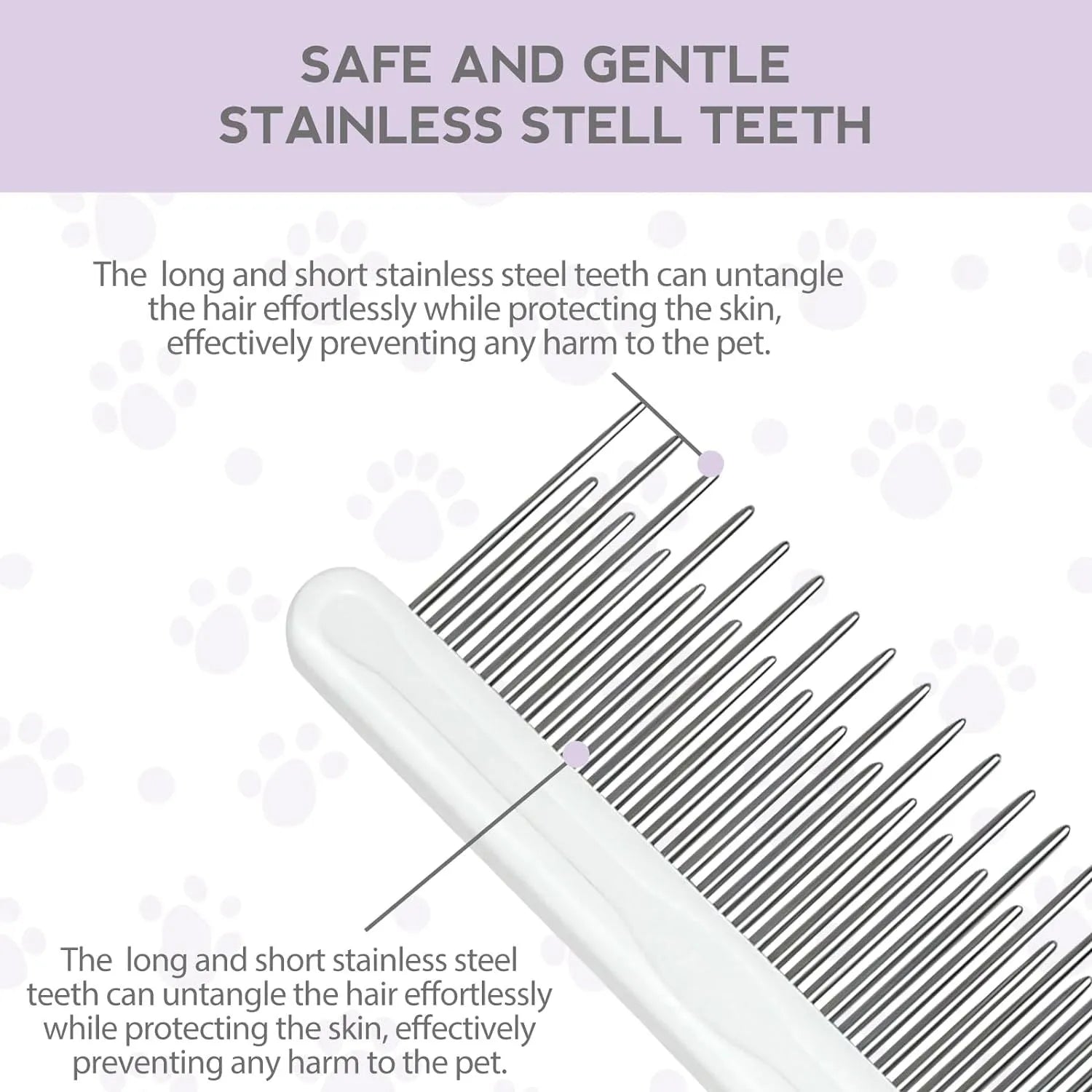 Purple pet grooming comb with stainless steel teeth and ergonomic handle for dog and cat coat detangling