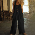 Sleeveless cotton jumpsuit with wide leg trousers in art retro national style