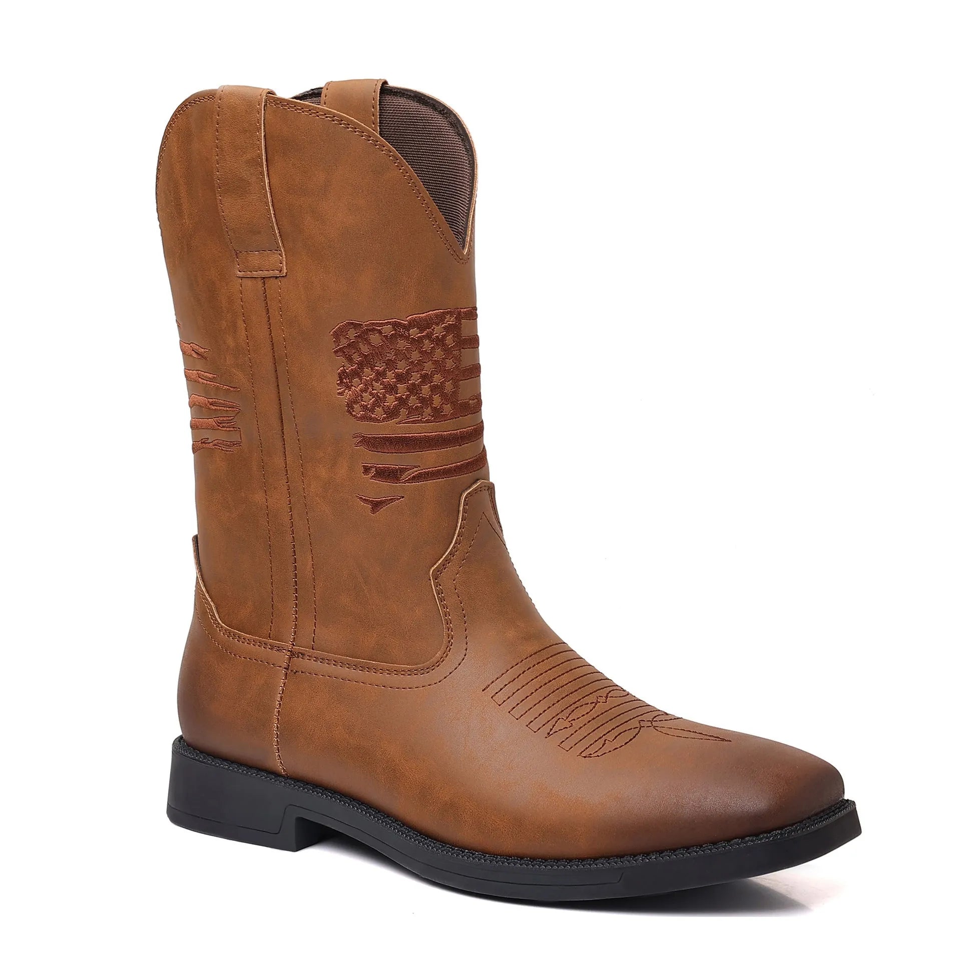 Brown retro cowboy boots with embroidered design, square toe, and high shaft