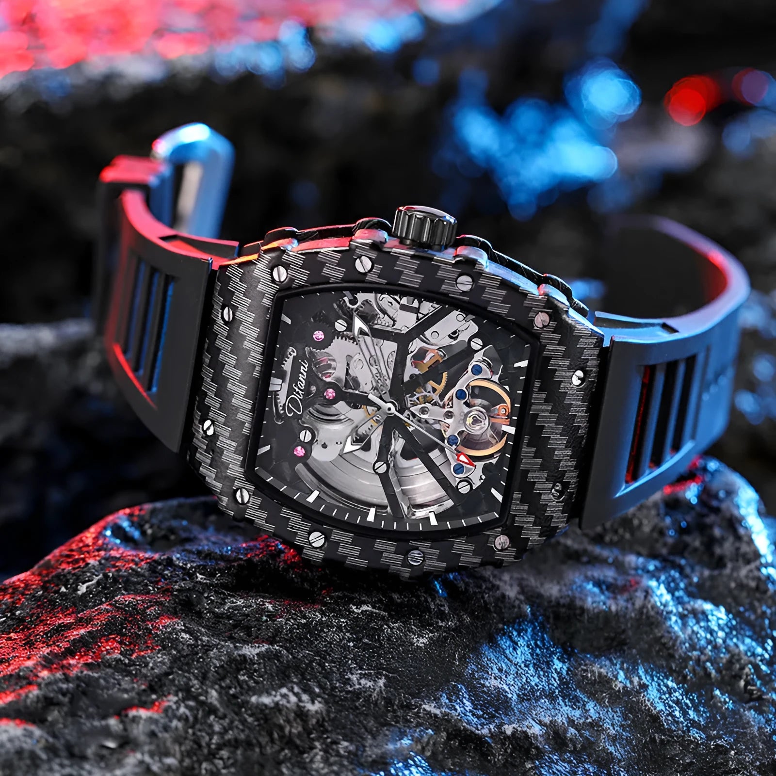 Men's mechanical luminous waterproof watch with black dial and rubber strap