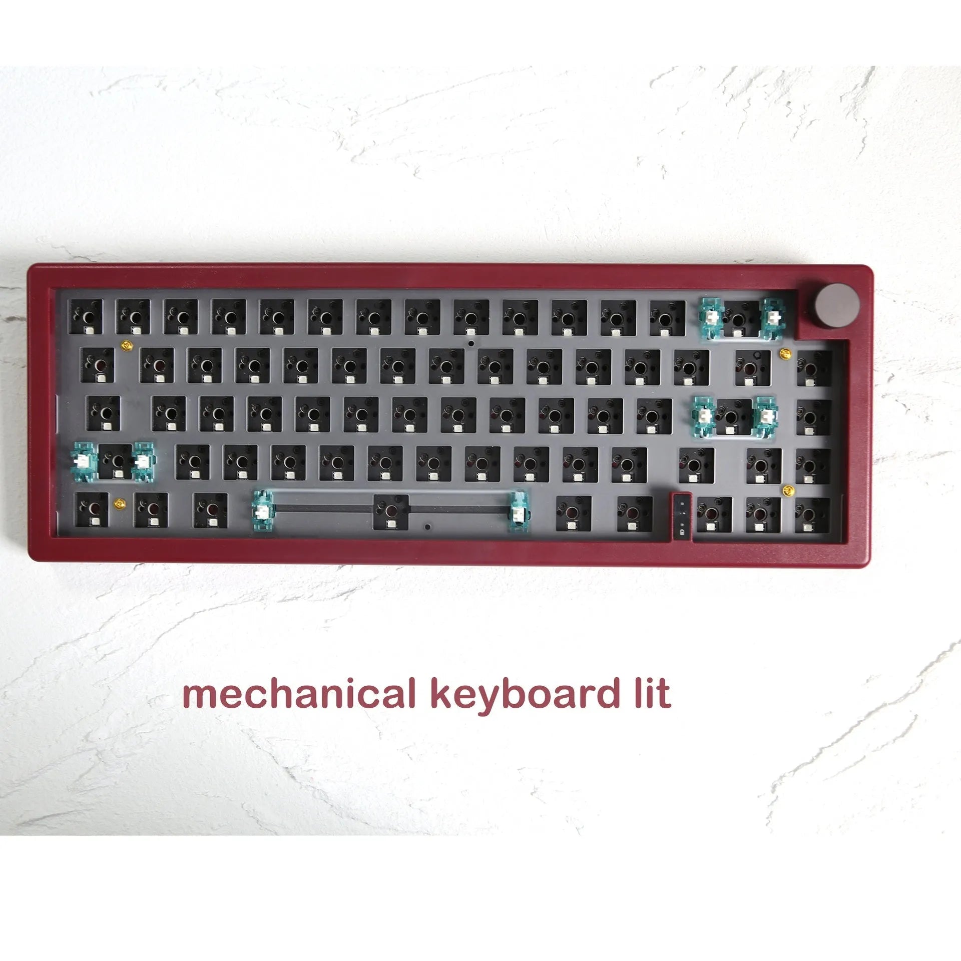 DIY RGB backlit mechanical keyboard kit with control knob shown in multiple colour options