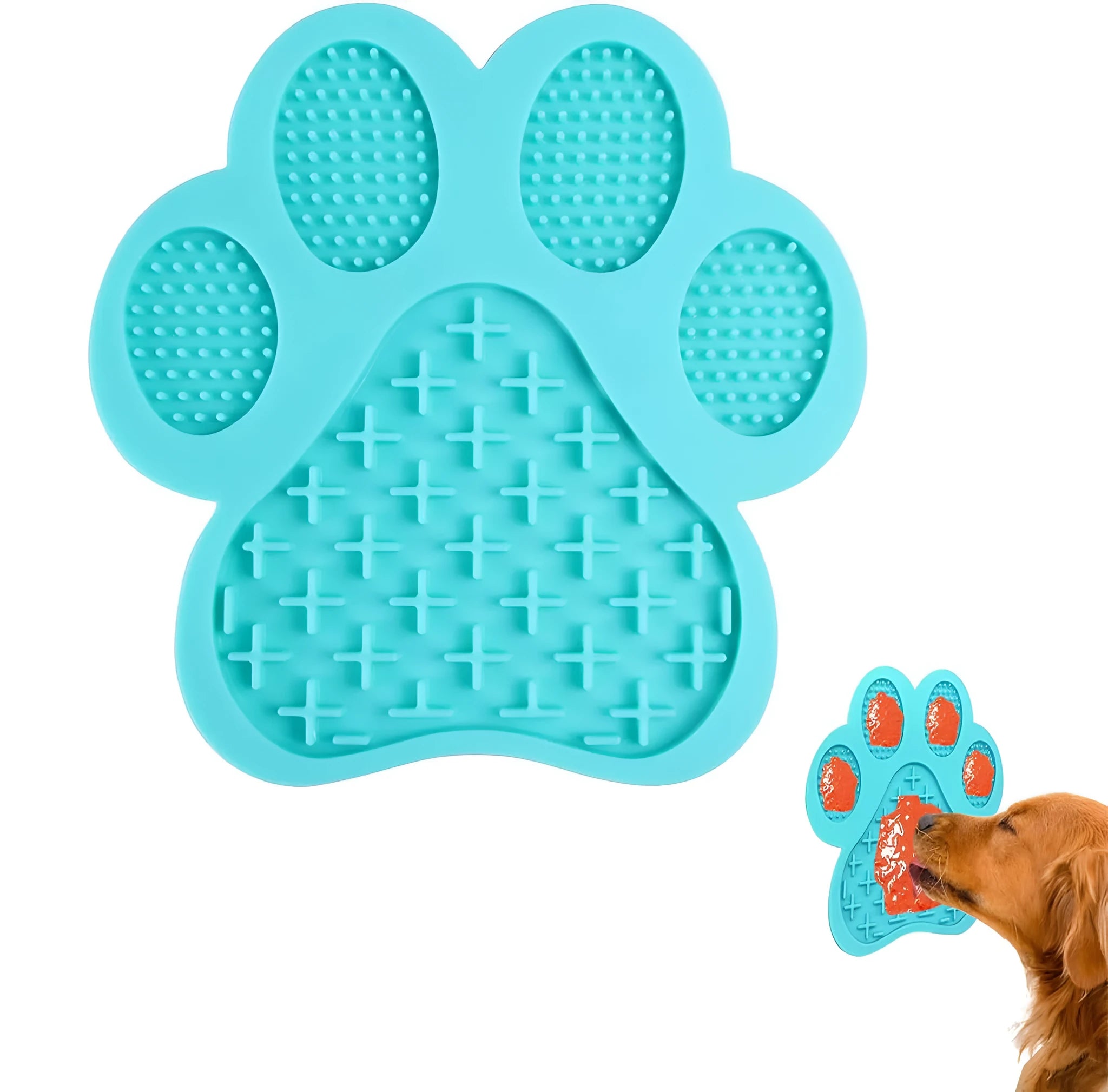 Blue bone-textured silicone dog licking mat with suction cups on a white tile background.