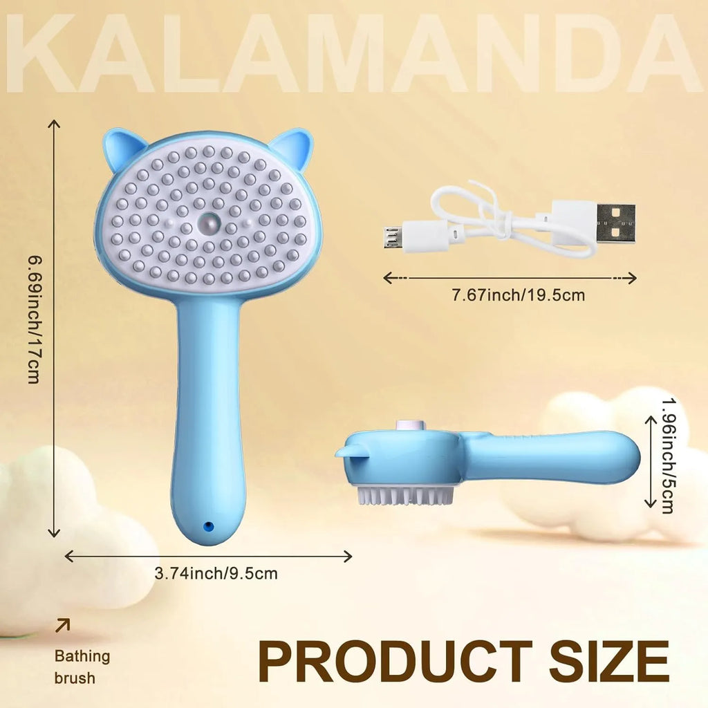 Blue 4-in-1 cat steam brush with ergonomic handle and soft rubber bristles for pet grooming