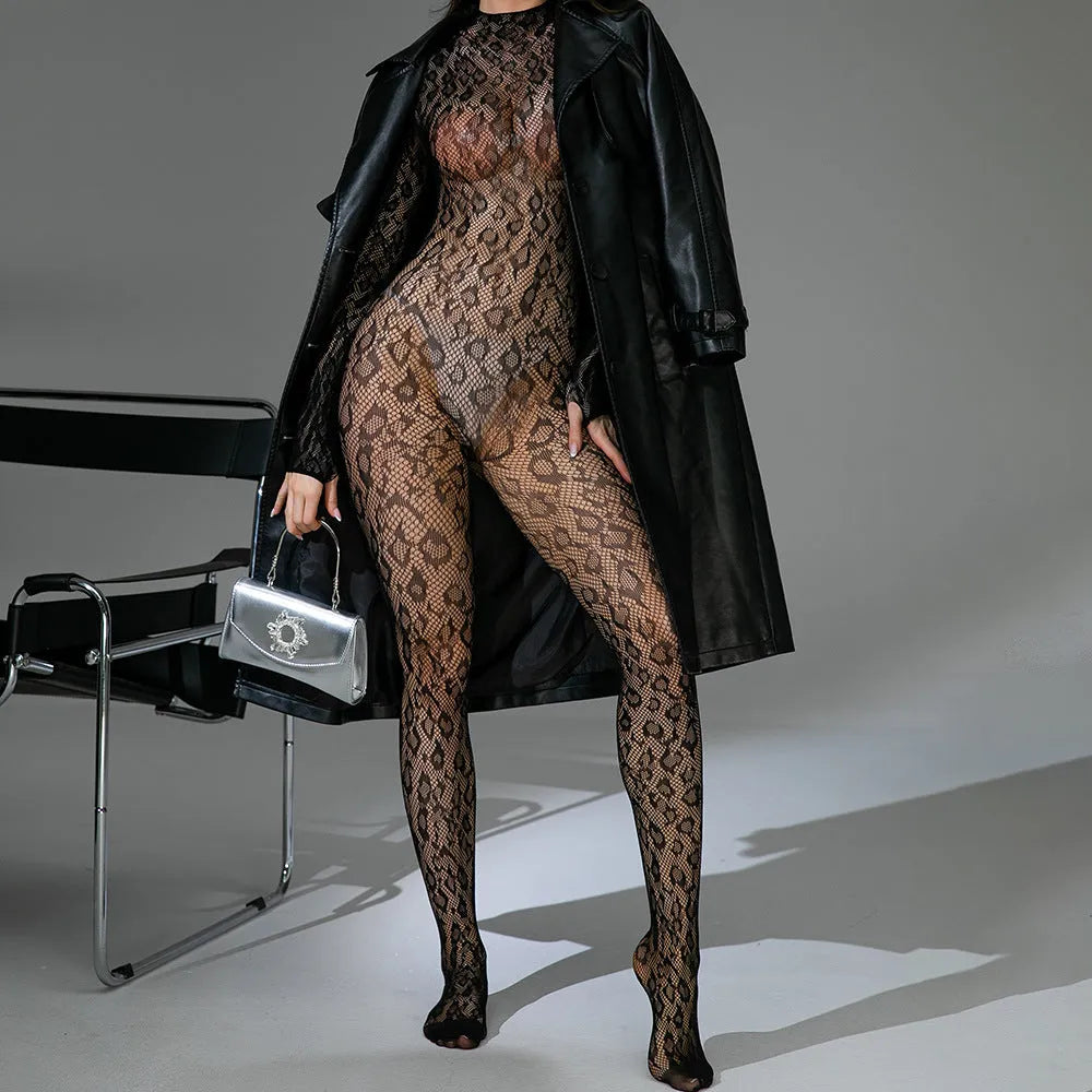 Women's black fishnet lingerie bodysuit with Jacquard detailing, long sleeves, and backless design