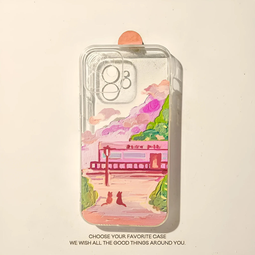 iPhone mobile phone case with soft silicone construction and colourful two cat cartoon design on back