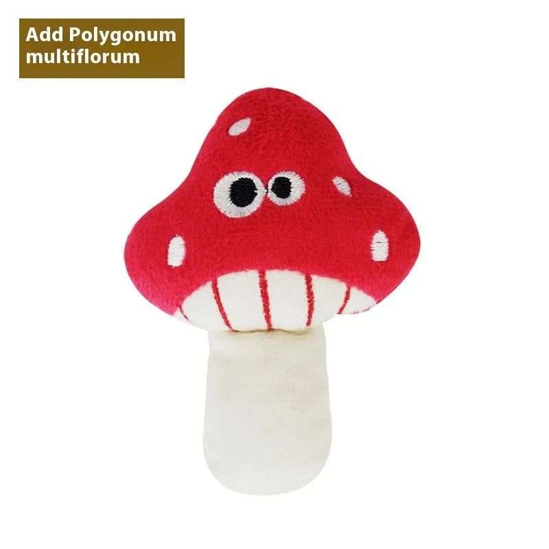 Set of six polygonum multiflorum wood cat dental toys in burrito, cone, cucumber, mushroom, pineapple, and pizza shapes with catnip plush companions