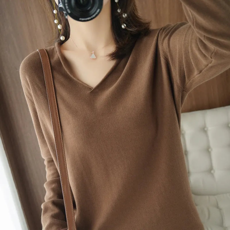 Women's V-neck long sleeve knitwear pullover top in a macaron colour, showcasing non-iron elegant style.