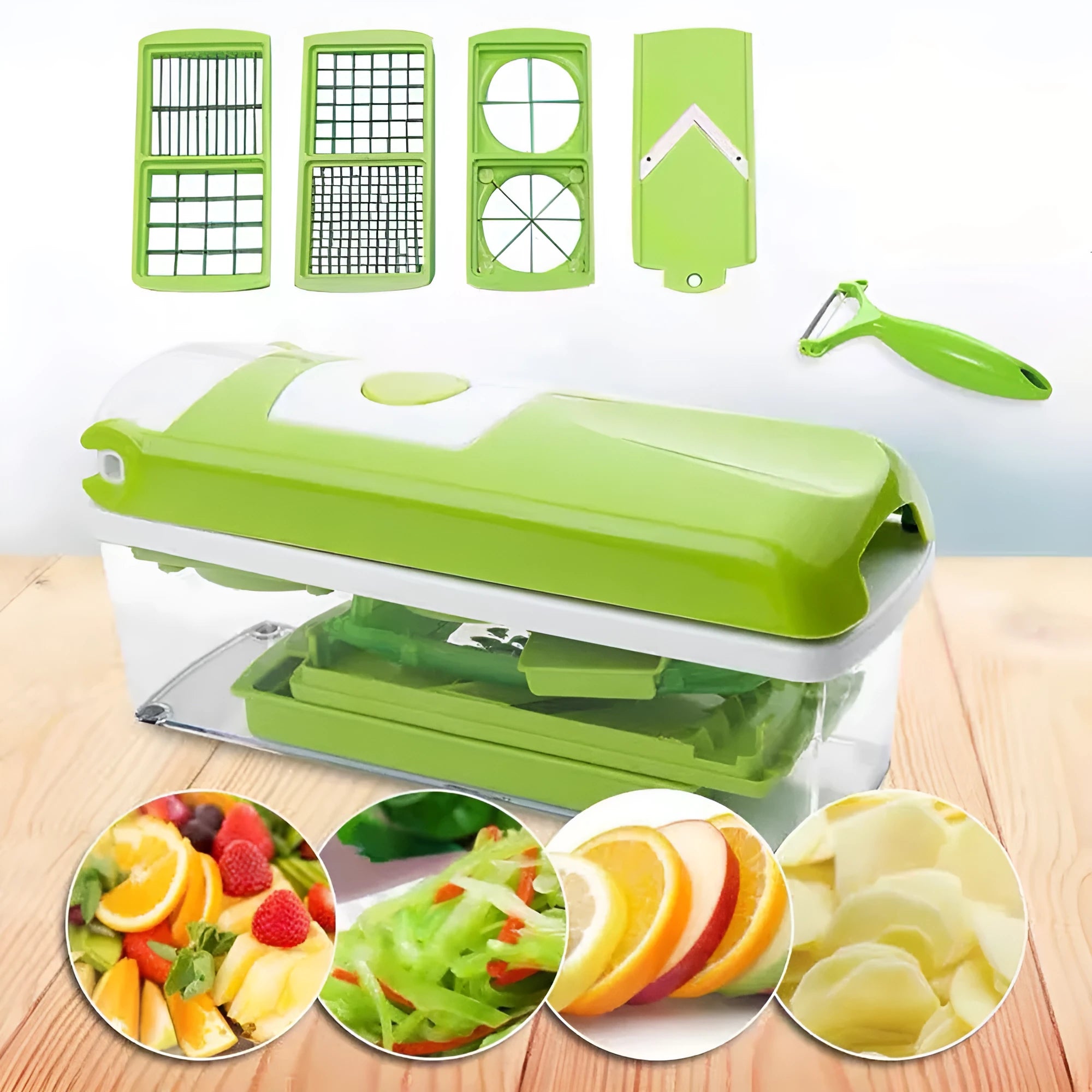 Green 12-piece manual vegetable chopper set with stainless steel blades on a kitchen counter.