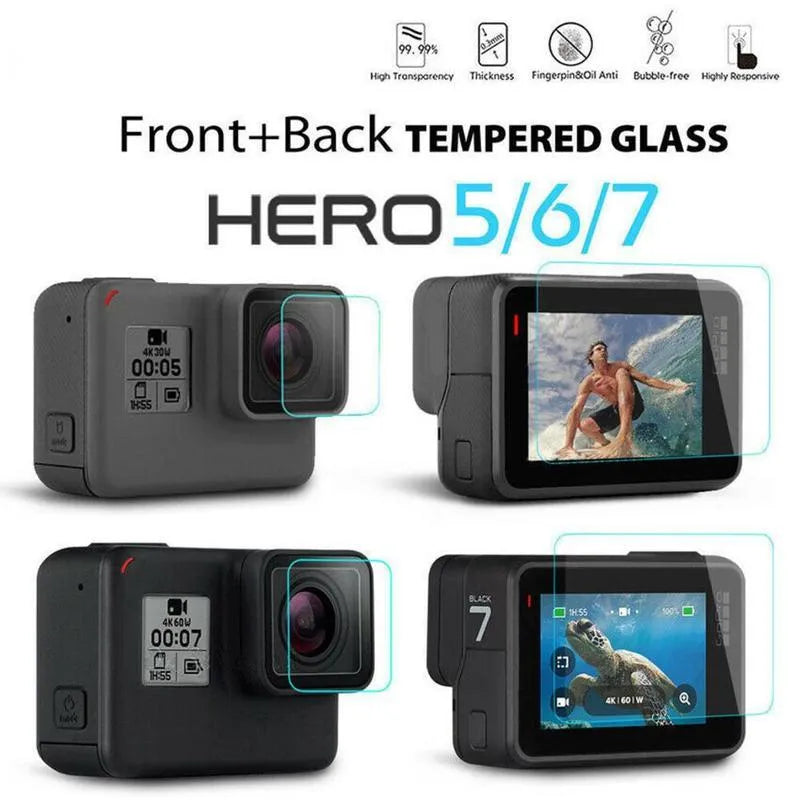 GoPro Hero camera with transparent tempered glass lens and LCD screen protectors applied.
