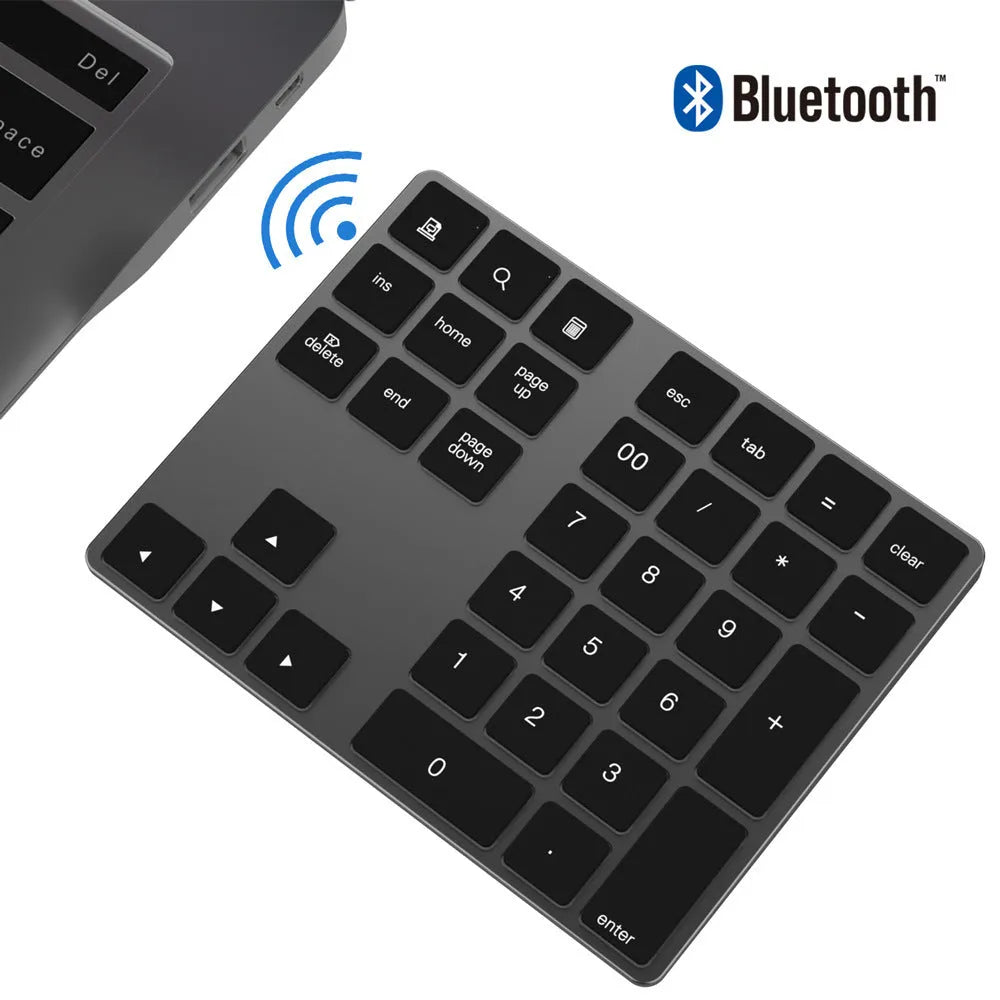 Aluminium alloy wireless numeric keypad with 34 Bluetooth 3.0 keys in black