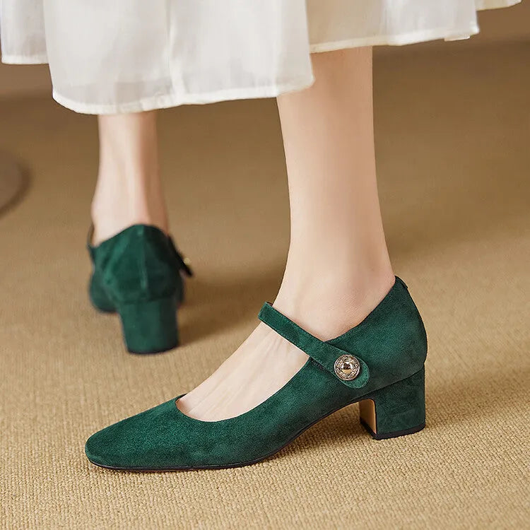 Mary Jane season chunky heel pumps women's shallow mouth square toe suede black green