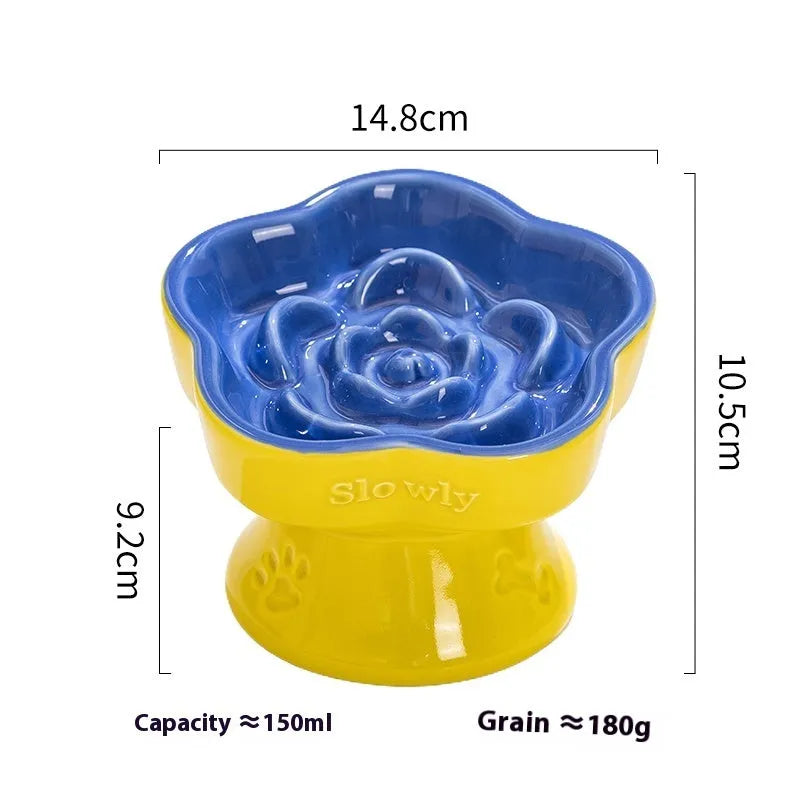 Black ceramic pet bowl with high foot and raised neck for dog or cat feeding