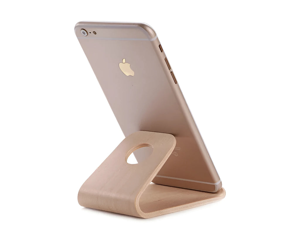 Wooden phone stand for Apple iPhone with cable management slot in walnut finish