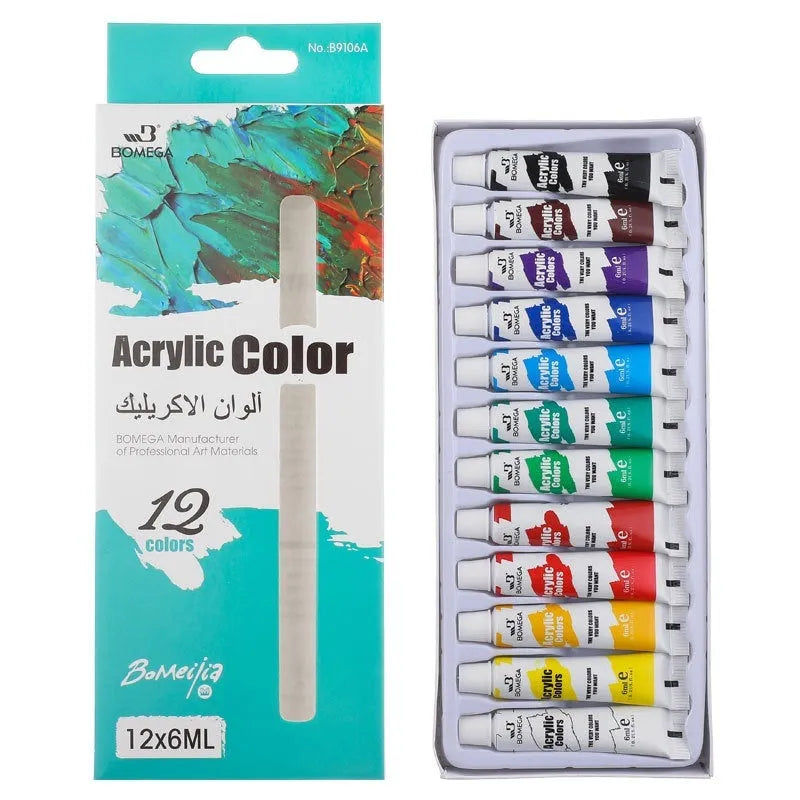 Artist pigment paint set showing tubes for acrylic, gouache, watercolour, oil painting, glass and textile work
