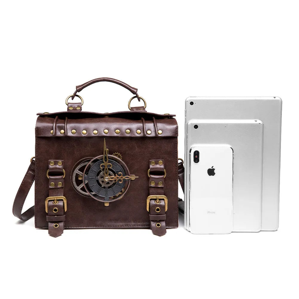 Bronze steampunk industrial retro shoulder bag with metal hardware and pillow bag shape