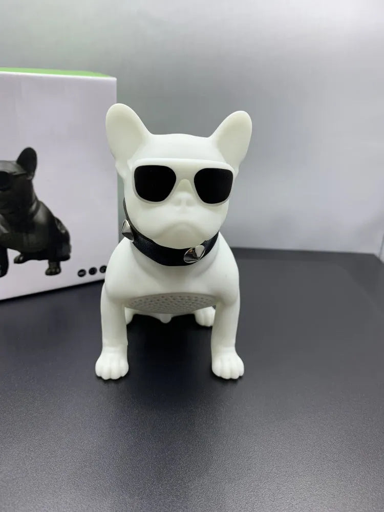 Mini bulldog-shaped Bluetooth speaker in black, red or white colours with wireless audio functionality