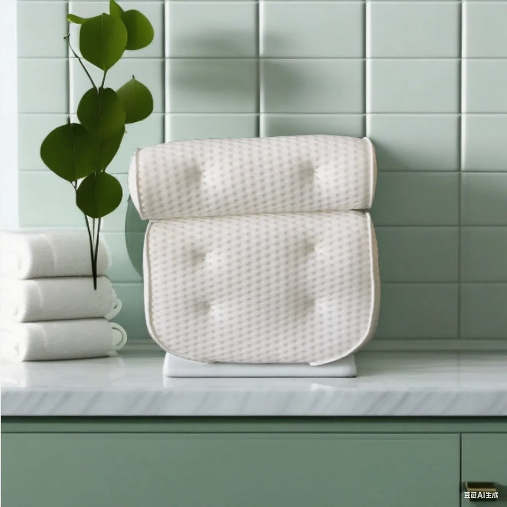 White bathtub pillow with 4D mesh and suction cups on a 3D material surface