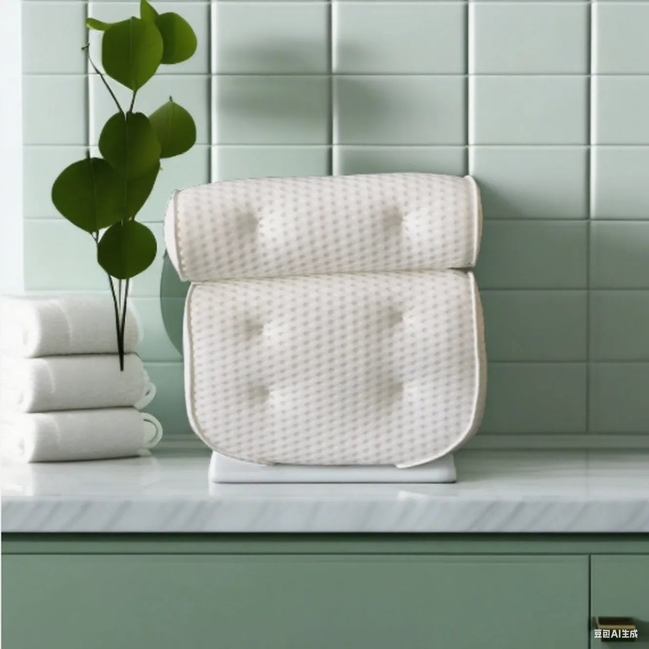 White bathtub pillow with 4D mesh and suction cups on a 3D material surface