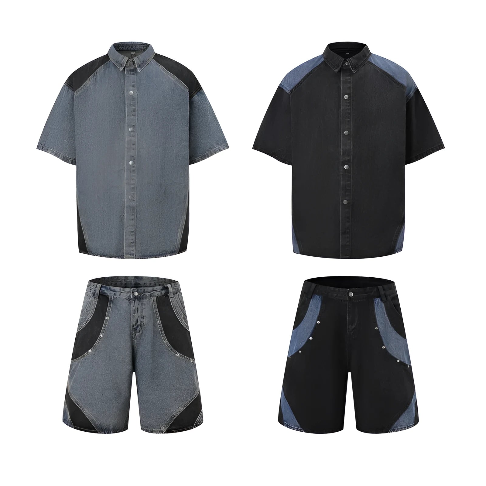 Retro denim suit set showing washed finish short-sleeve jacket and matching trousers