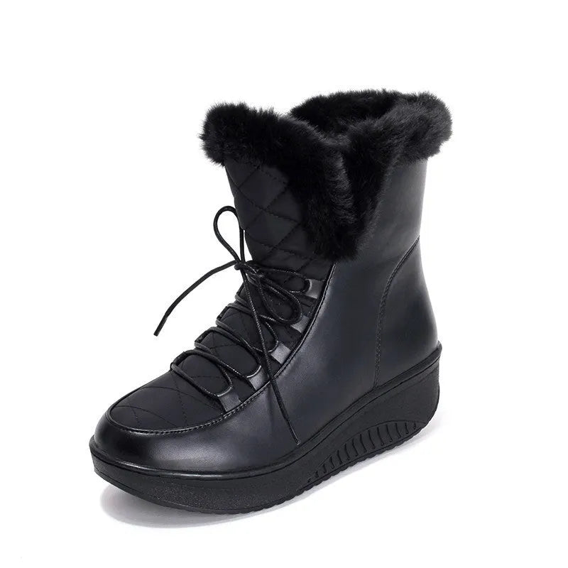 Women's black platform winter boots with lace-up front and water-resistant PU leather.