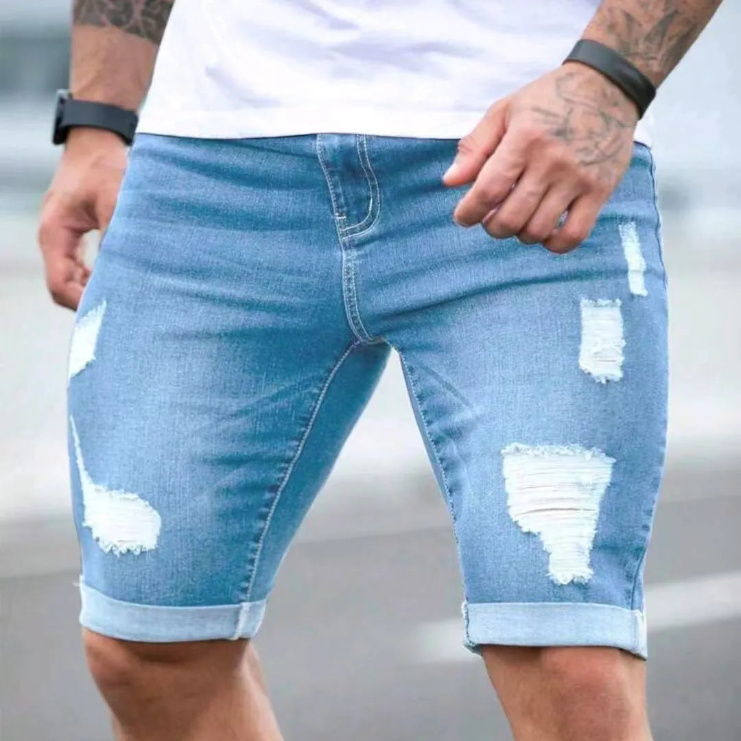 Sky blue denim shorts for men with multi-hole design and low waist straight cut