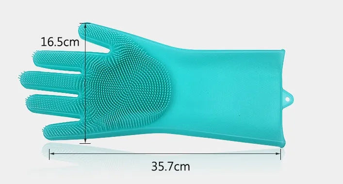 Blue silicone scrubbing gloves showing textured palm and finger surfaces for cleaning