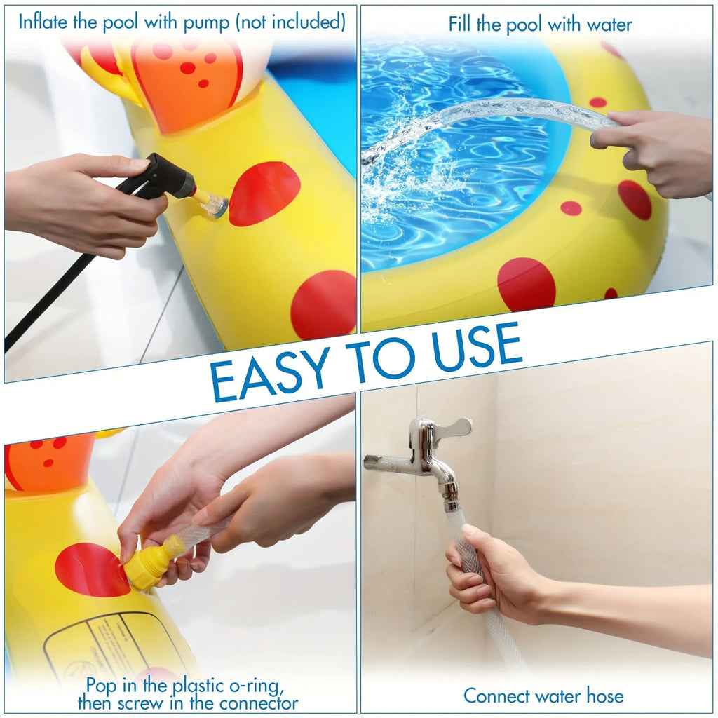 Large blue inflatable kids pool with dinosaur water spray and separate shark pool section