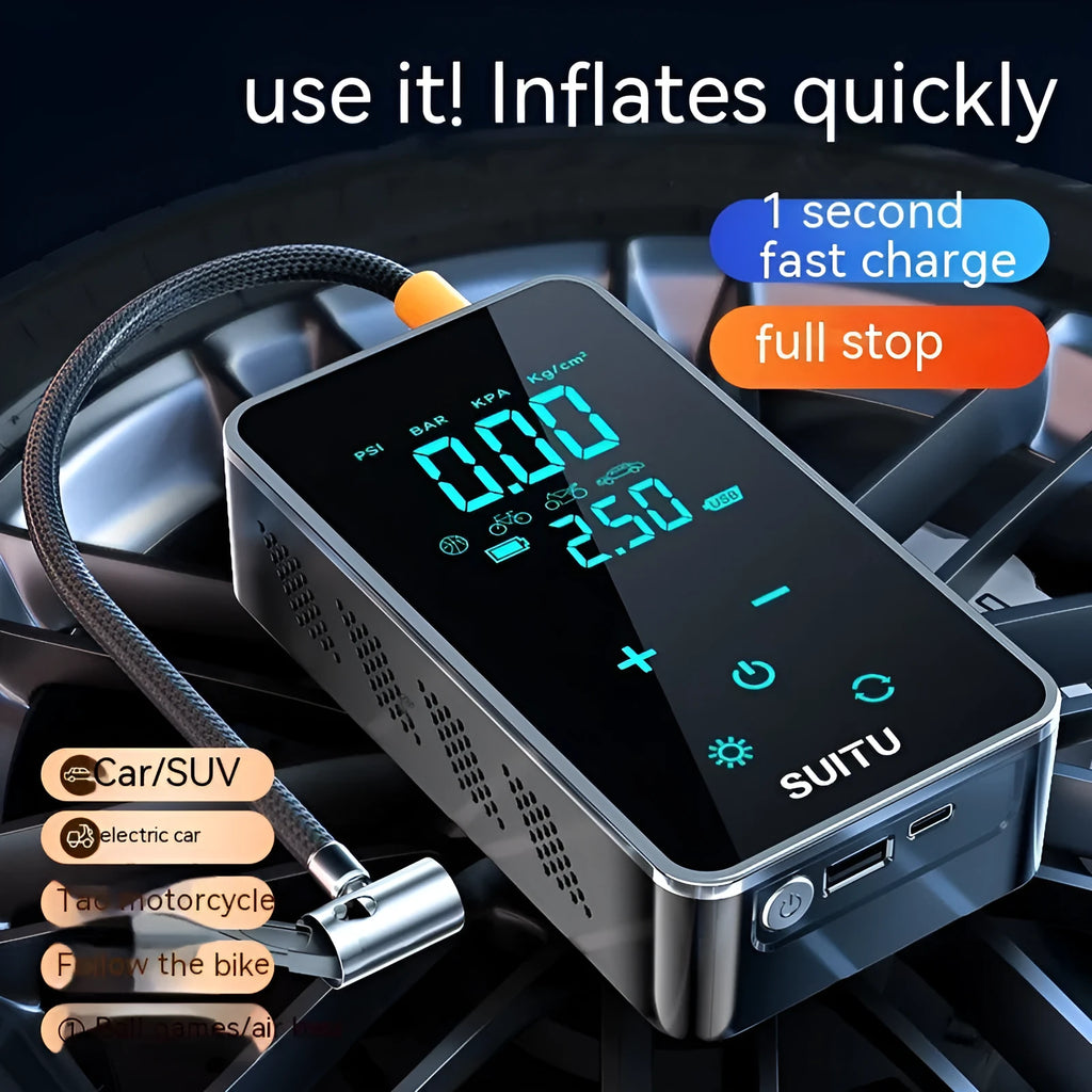 Compact black wireless car tyre pump with LCD screen displayed next to its hose, nozzles, and Type-C charging cable.