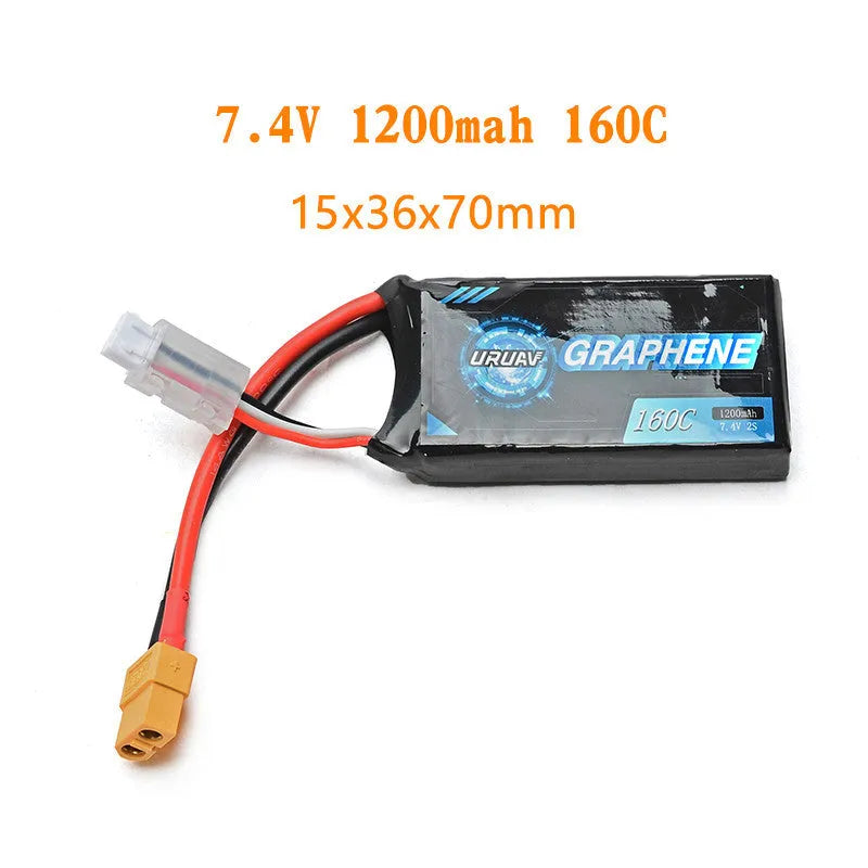 RC 7.4V 1200mAh lithium battery for model cars and ships, dimensions 15x36x70mm.