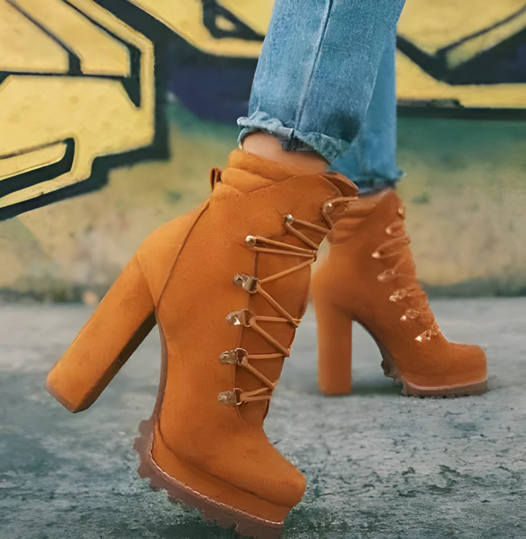 Women's suede high heel ankle boots with thick heels above 8cm and waterproof platform in four colour options