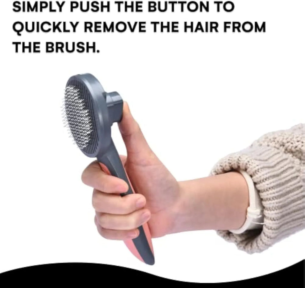 Self cleaning pet slicker brush in grey, green, or pink with one-button hair release