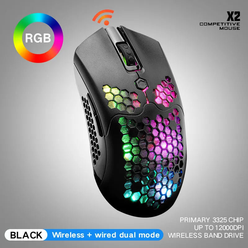 Free Wolf X2 wireless RGB gaming mouse in multiple colour options on gaming desk