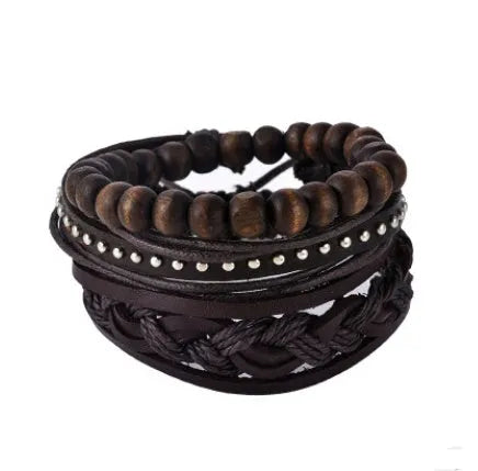 Handmade leather wrap bracelet with wooden beads and adjustable closure for men and women