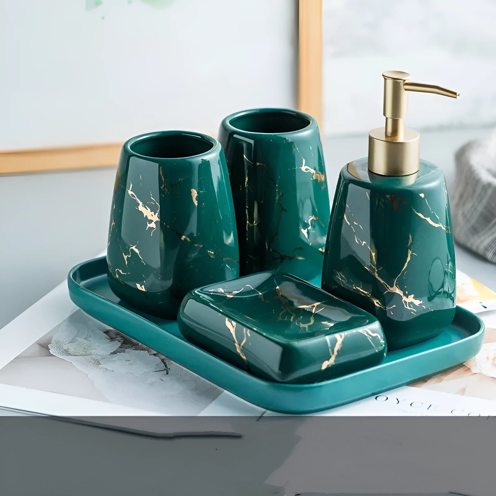 Ceramic bathroom wash set in light luxury style with black, blue or white colour options