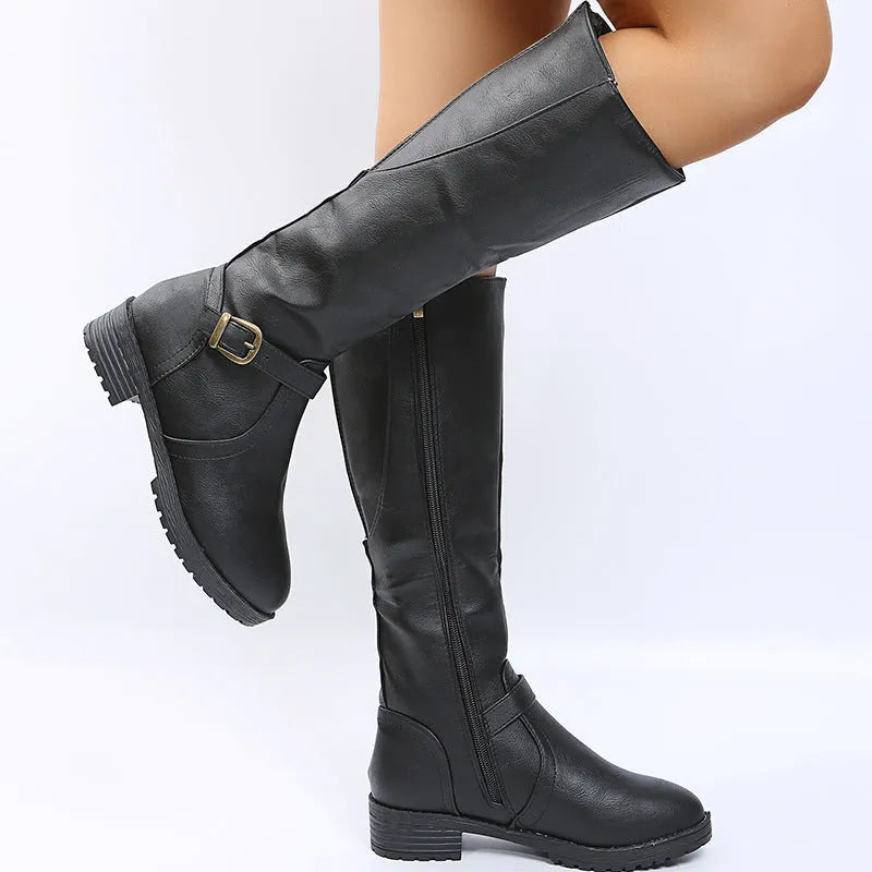 Yellow women's high-knee knight boots with a square heel, round toe, and a decorative buckle on the shaft.