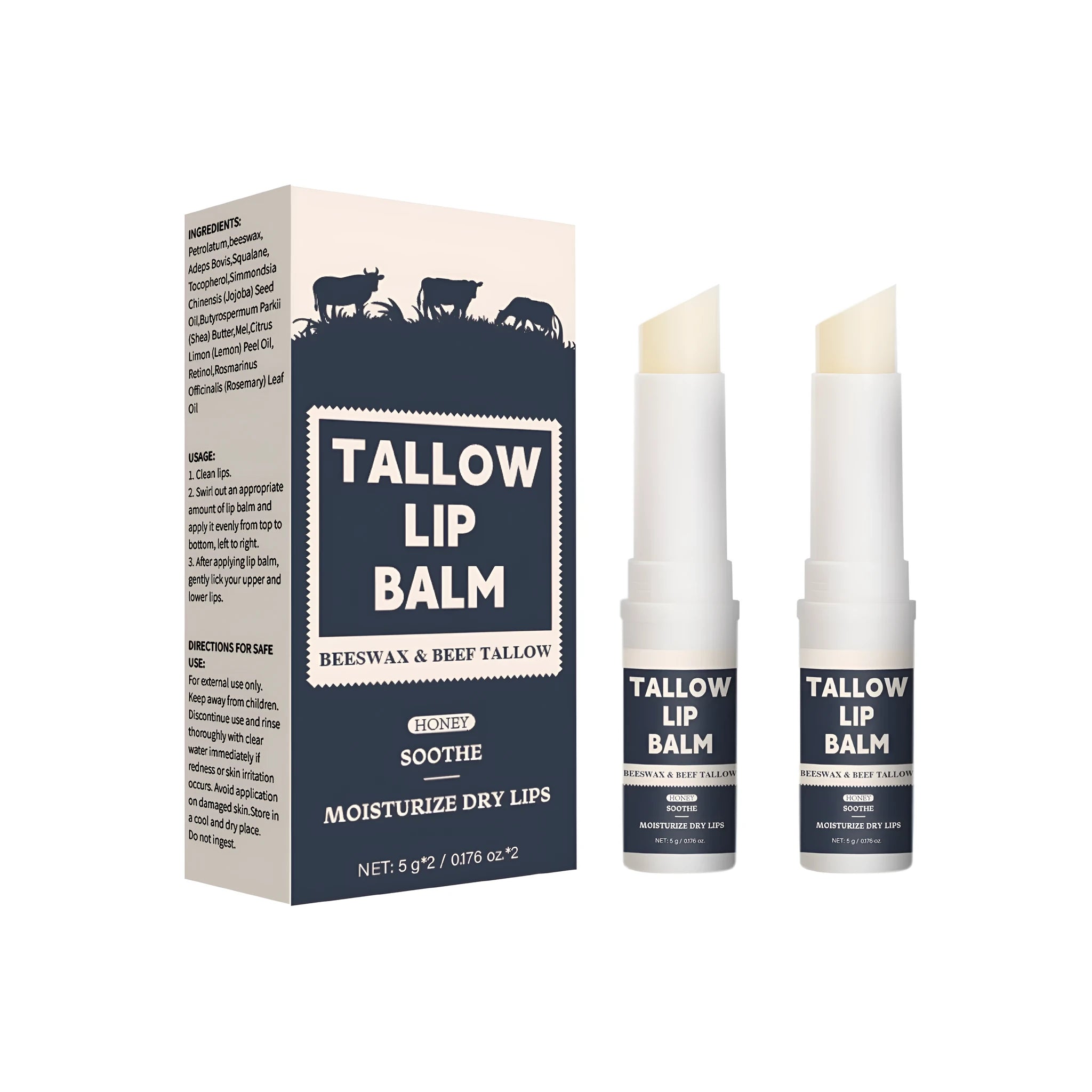 Two standard size beef tallow lip balms in Light Grain Soft Full Lips packaging