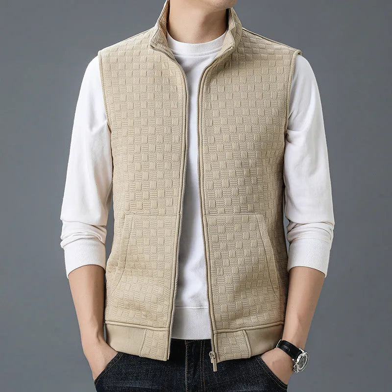Men's casual sleeveless vest waistcoat in a cardigan style, shown in black, brown, khaki, or grey.