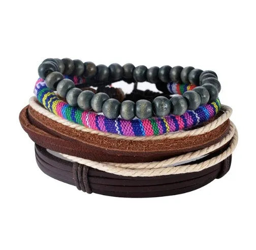 Handmade leather wrap bracelet with wooden beads and adjustable closure for men and women