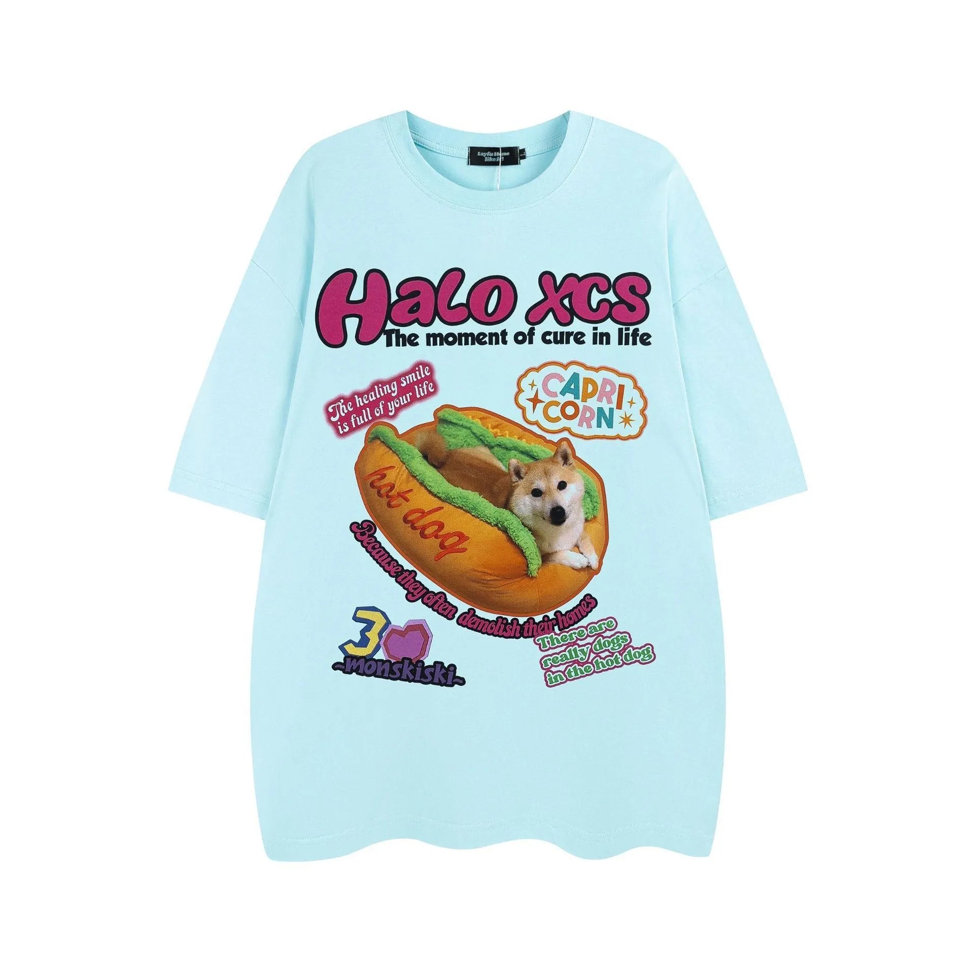 Cartoon hamburger dog printed cotton t-shirt in loose style with short sleeves