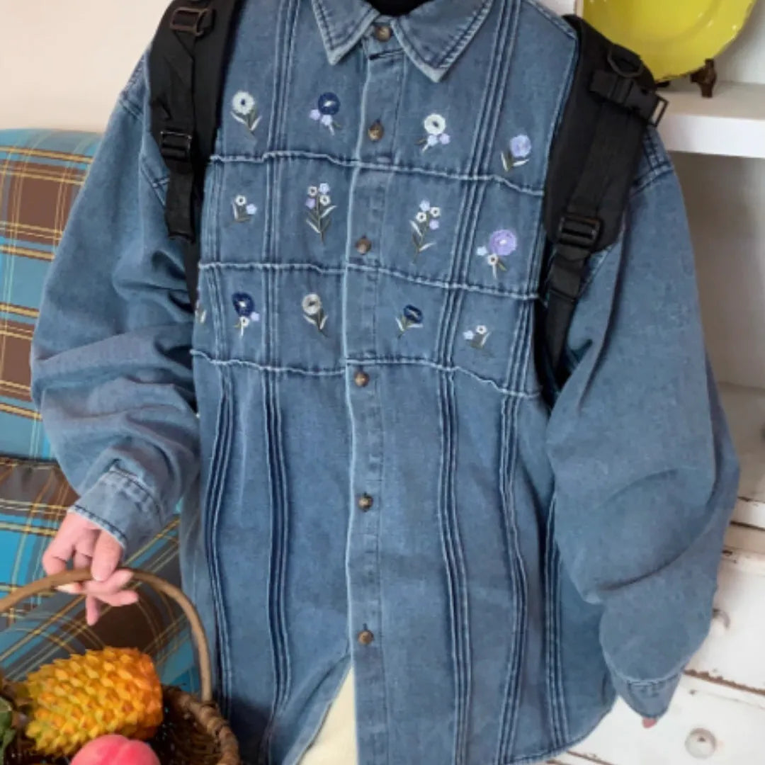 Vintage small floral pleated washed denim long sleeved shirt in washed blue colour with classic collar